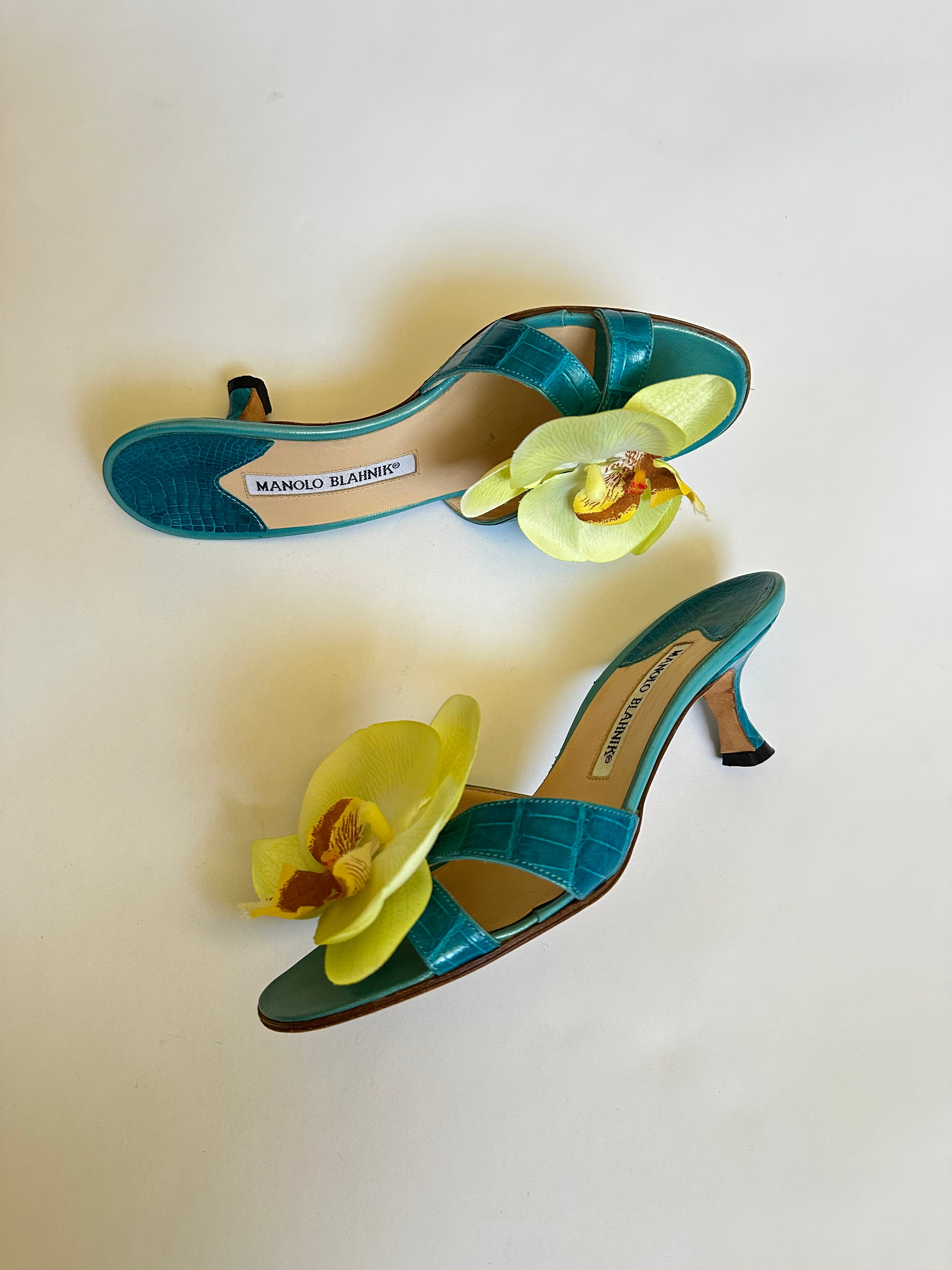 Manolo Blahnik Teal Kitten Heels With Reworked Faux Yellow Orchids