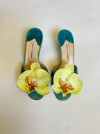 Manolo Blahnik Teal Kitten Heels With Reworked Faux Yellow Orchids (EU 36/ US 6)
