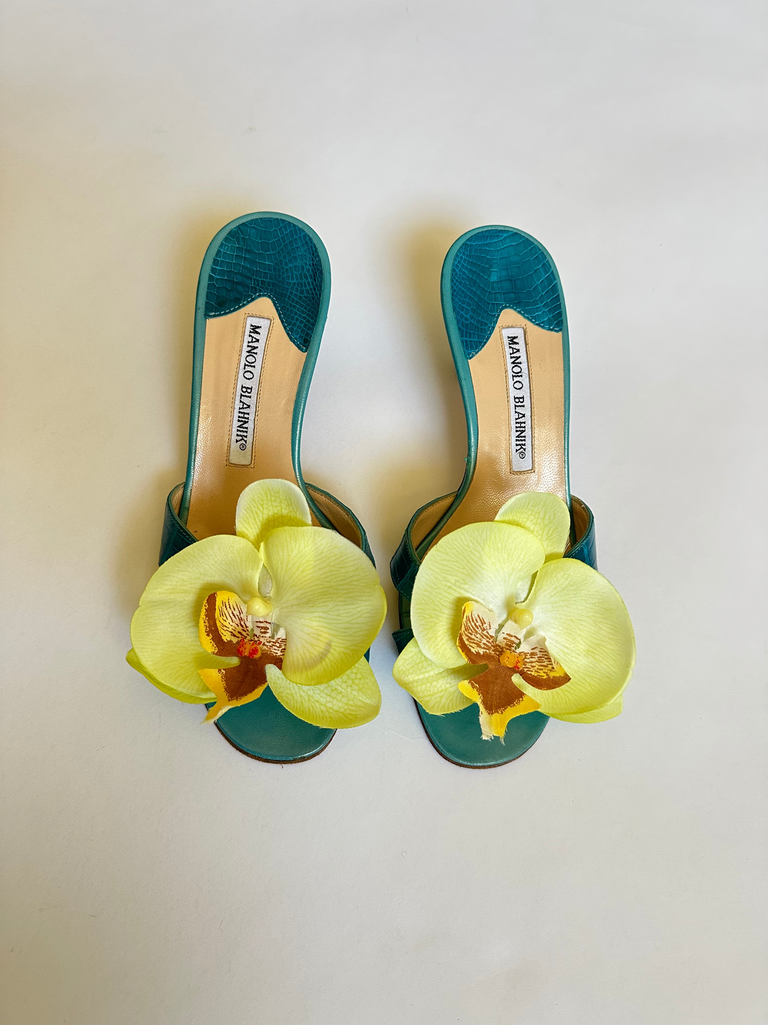 Manolo Blahnik Teal Kitten Heels With Reworked Faux Yellow Orchids (EU 36/ US 6)