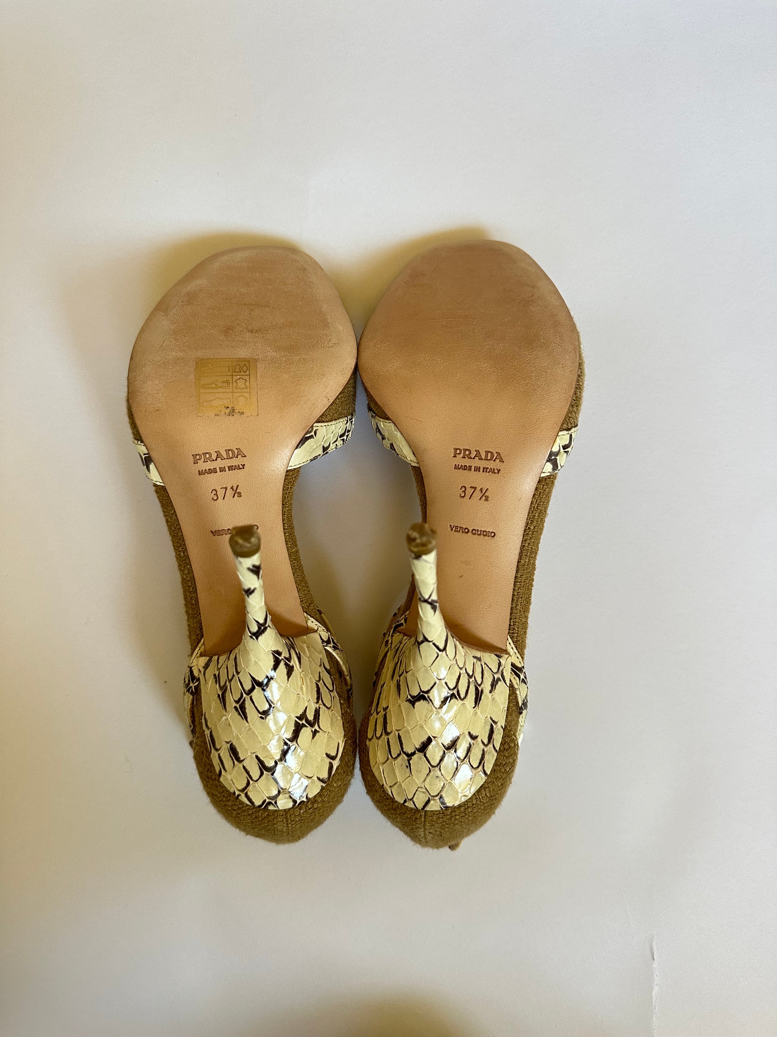 Prada Burlap Canvas Snakeskin Heels (EU 37.5/ US 7.5)