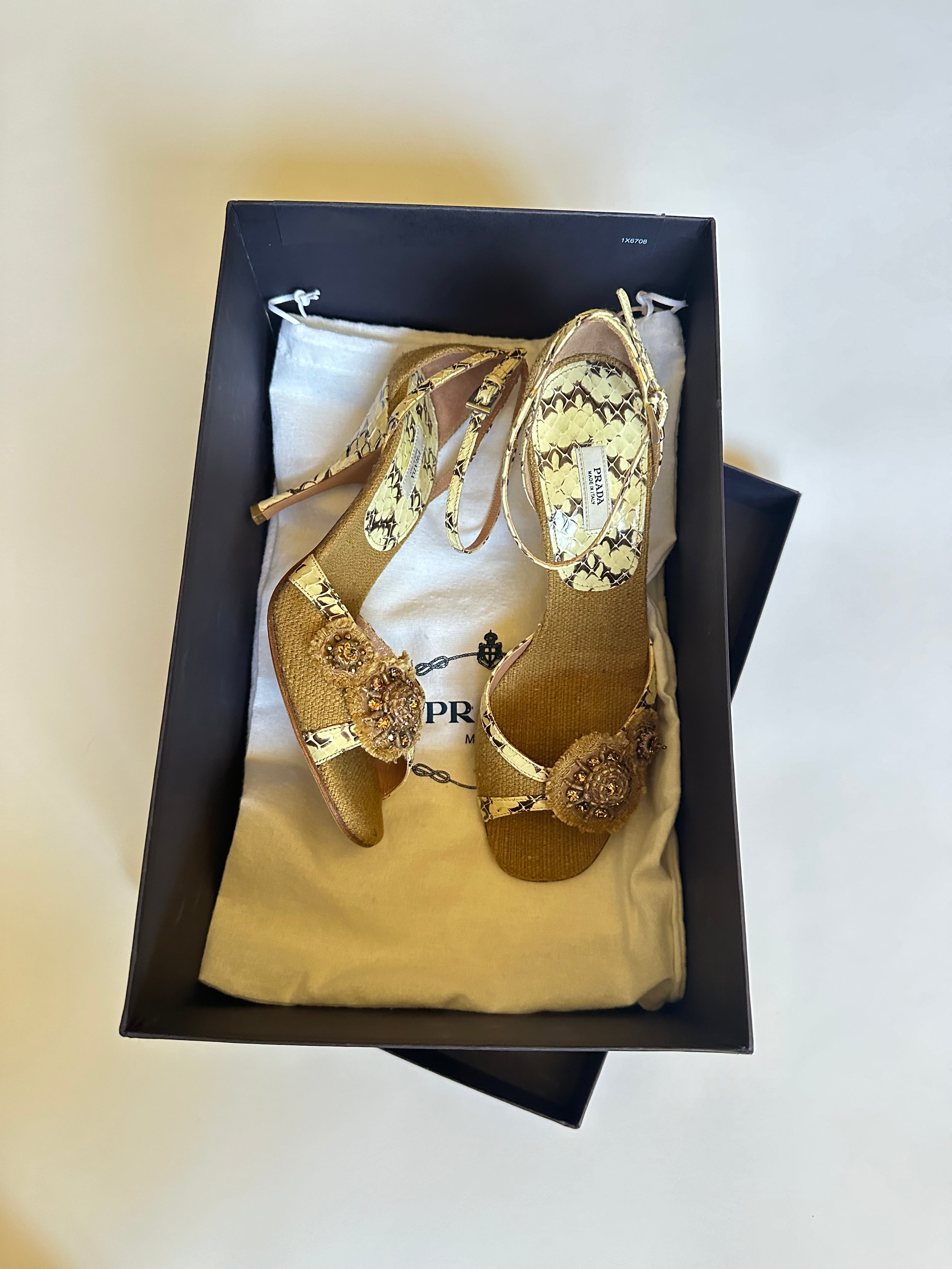 Prada Burlap Canvas Snakeskin Heels (EU 37.5/ US 7.5)