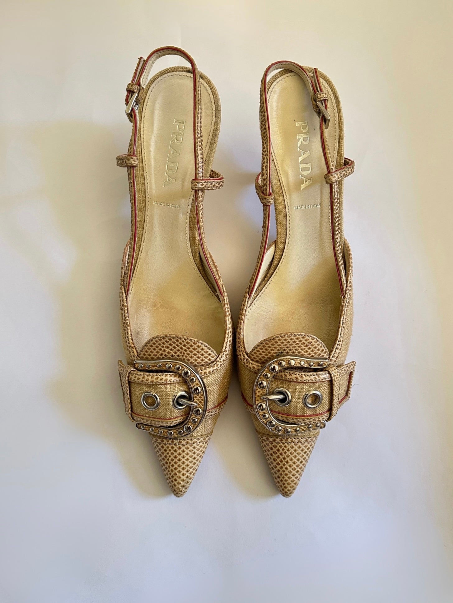 PRADA BROWN&GOLD Buckle Slingback Heels Prada Leather Slingback