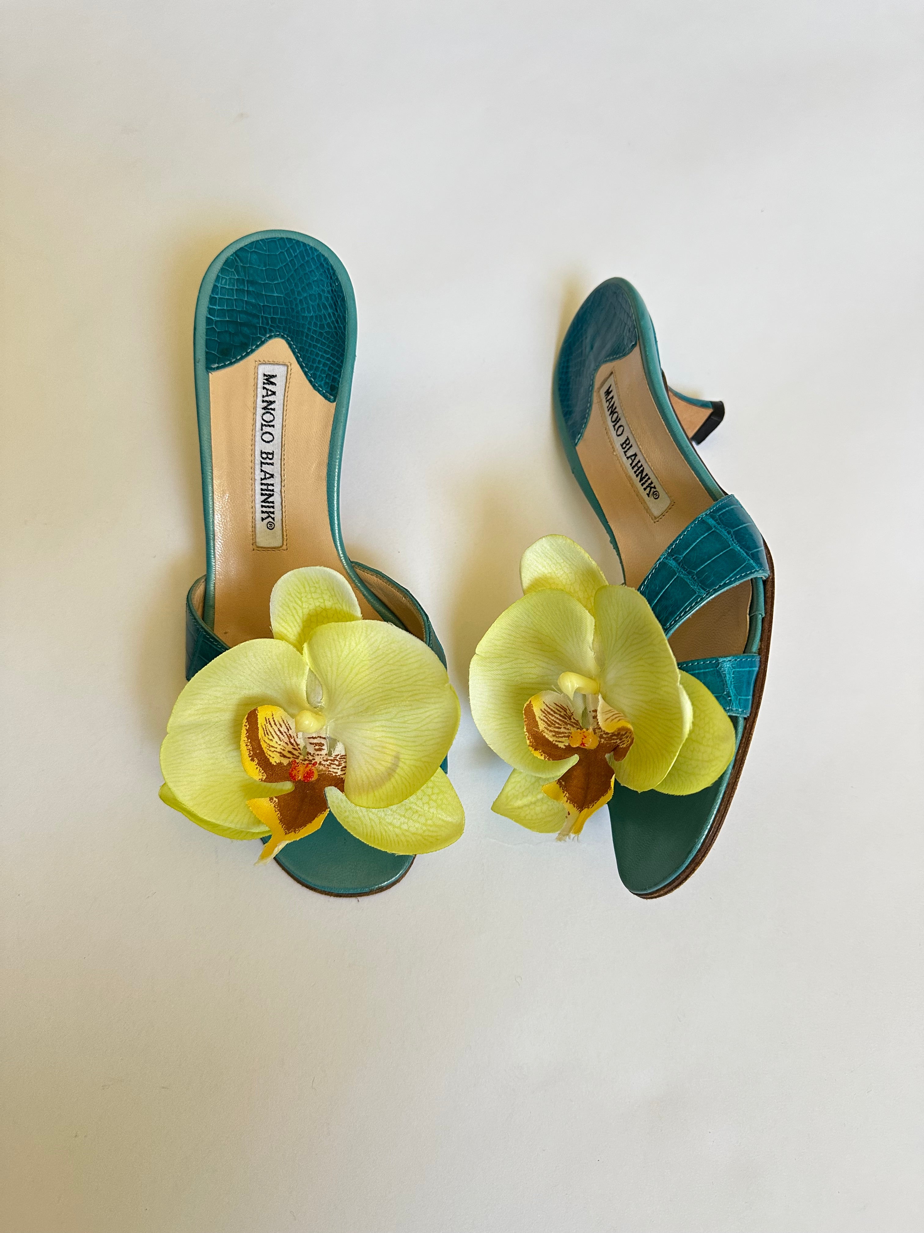 Manolo Blahnik Teal Kitten Heels With Reworked Faux Yellow Orchids (EU 36/ US 6)