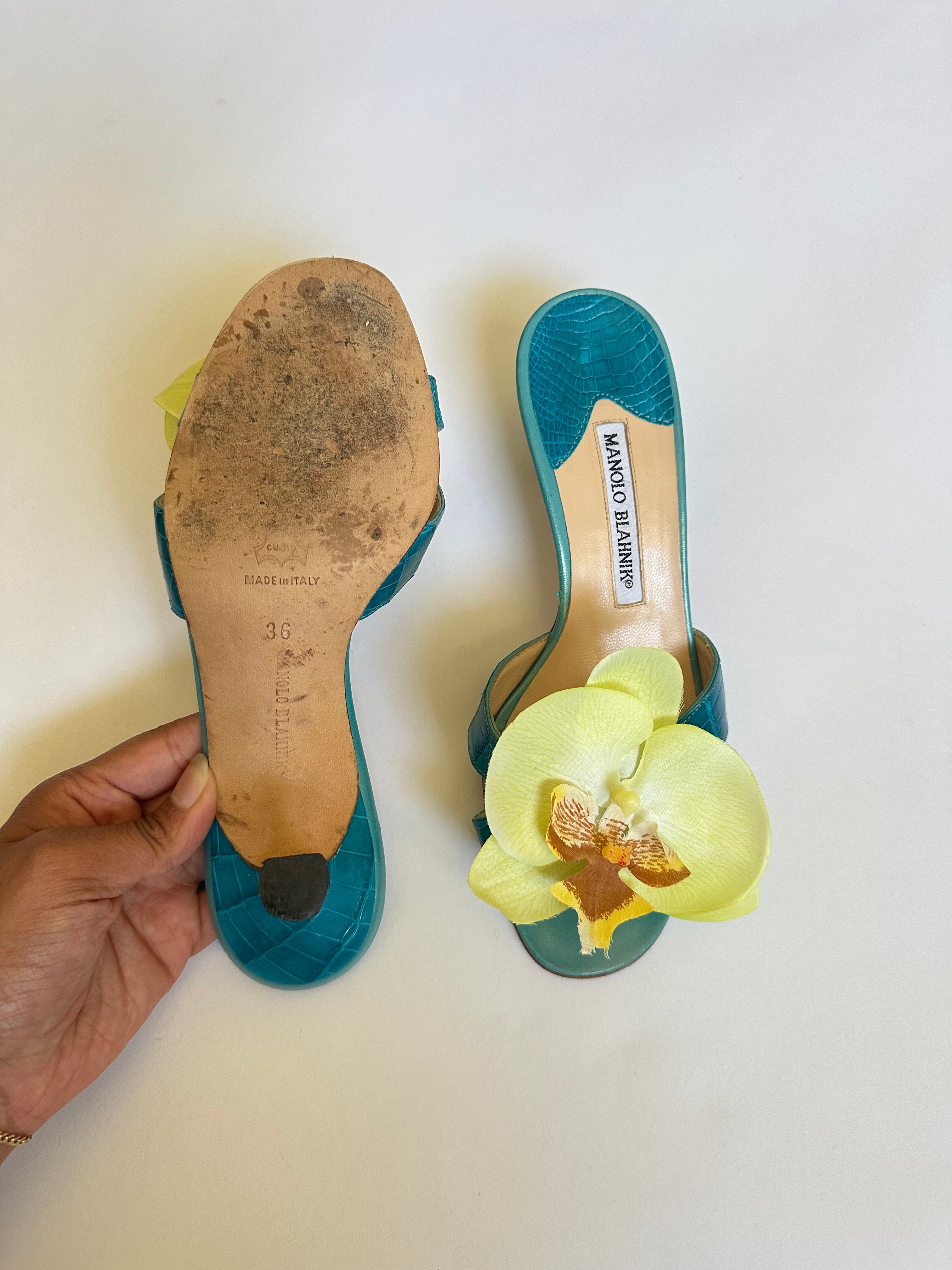 Manolo Blahnik Teal Kitten Heels With Reworked Faux Yellow Orchids (EU 36/ US 6)