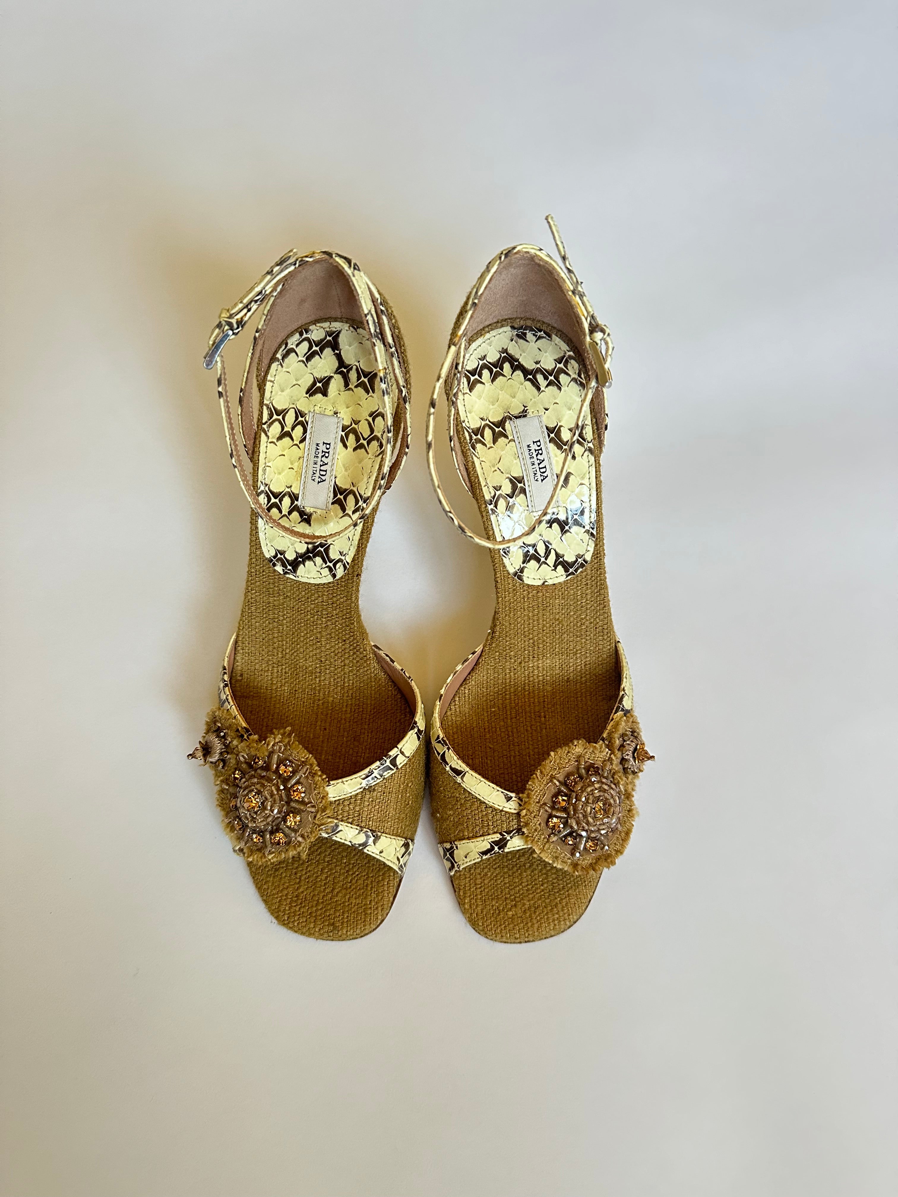Prada Burlap Canvas Snakeskin Heels (EU 37.5/ US 7.5)